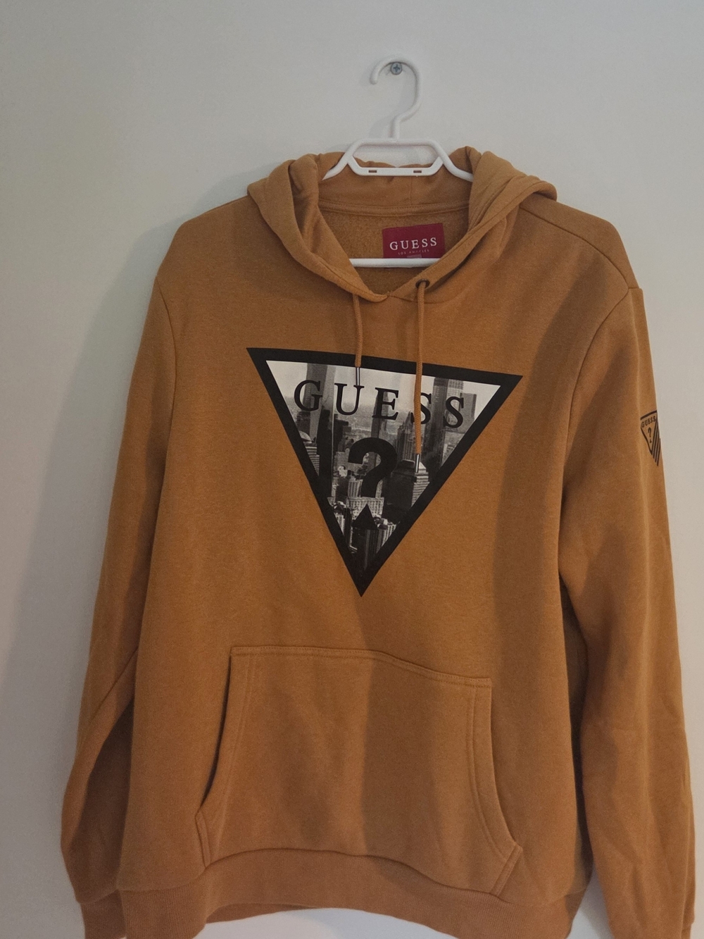 GUESS Mustard Yellow Graphic Hoodie - Size L - Like New, Ultra Soft